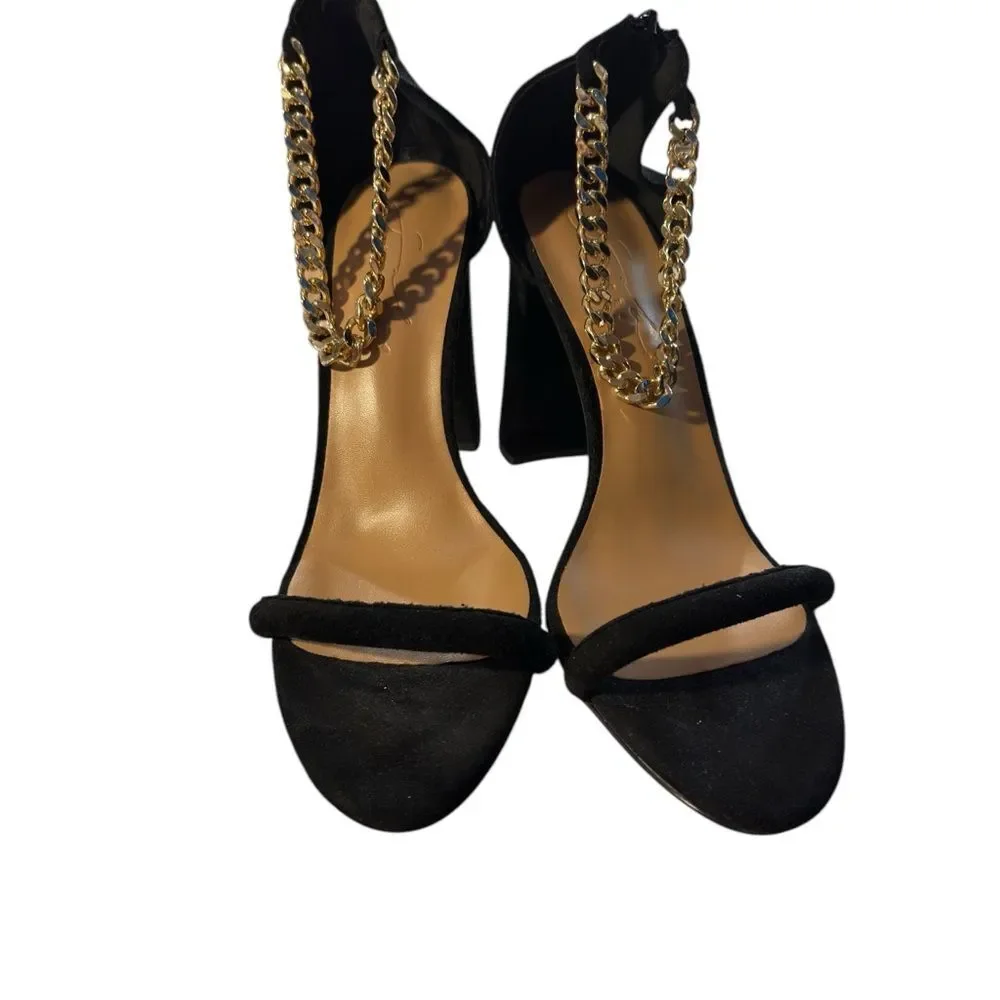 Chunky Black Heels with Gold Colored Strap Back Zipper 90’s Style Size 10